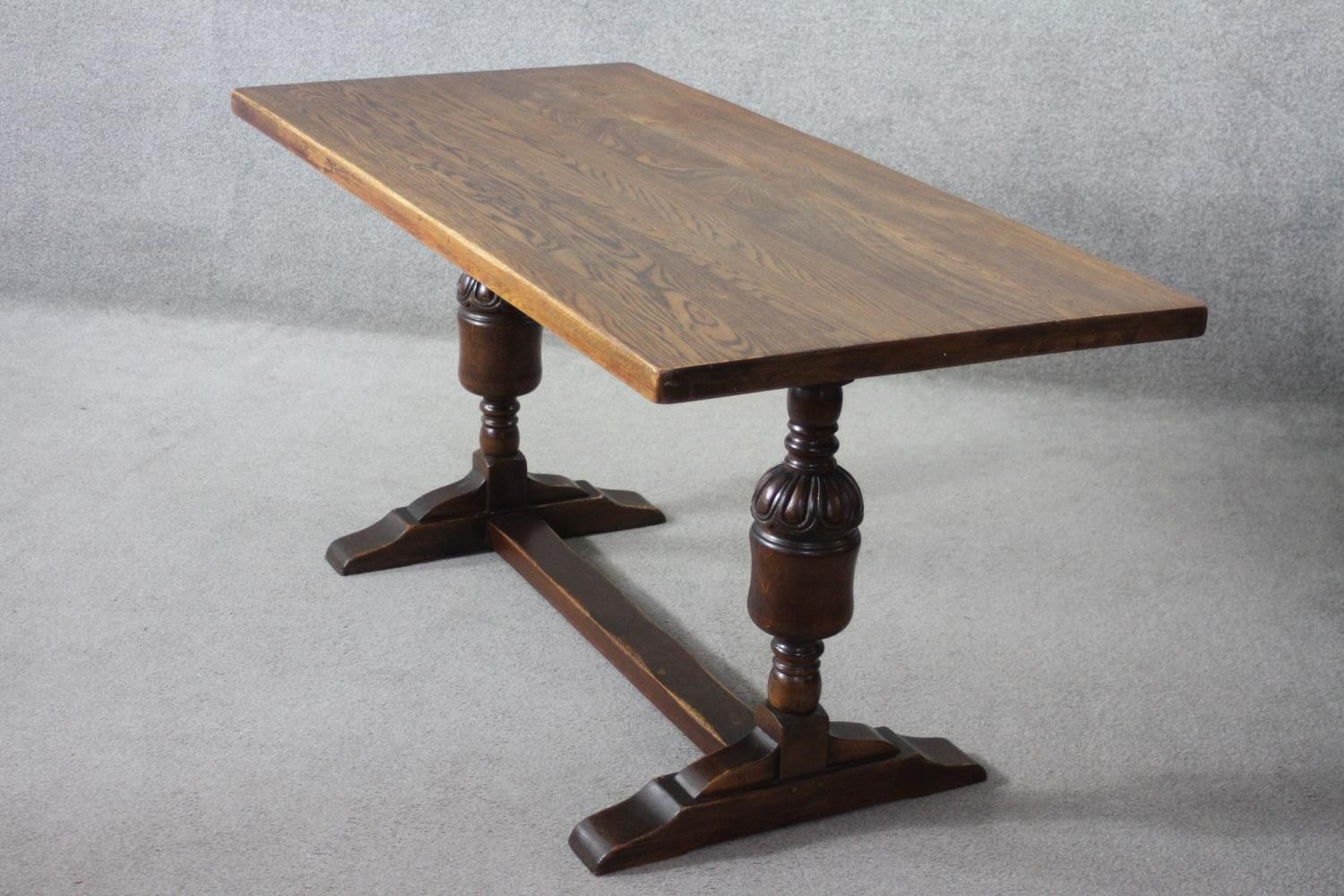 A mid century oak Jacobean style refectory dining table on carved baluster stretchered platform - Image 3 of 6