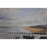 A framed and glazed watercolour of a beach scene. Signed Ken Perry. H.35 W.43cm