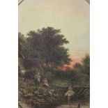 A gilt framed 19th century oil on canvas of a thatched cottage with children fishing in a river.