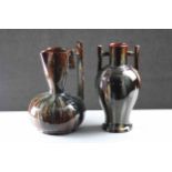 Christopher Dresser style, Lear Pottery, jug and twin handled vase. Multi-tone grey, brown, blue and