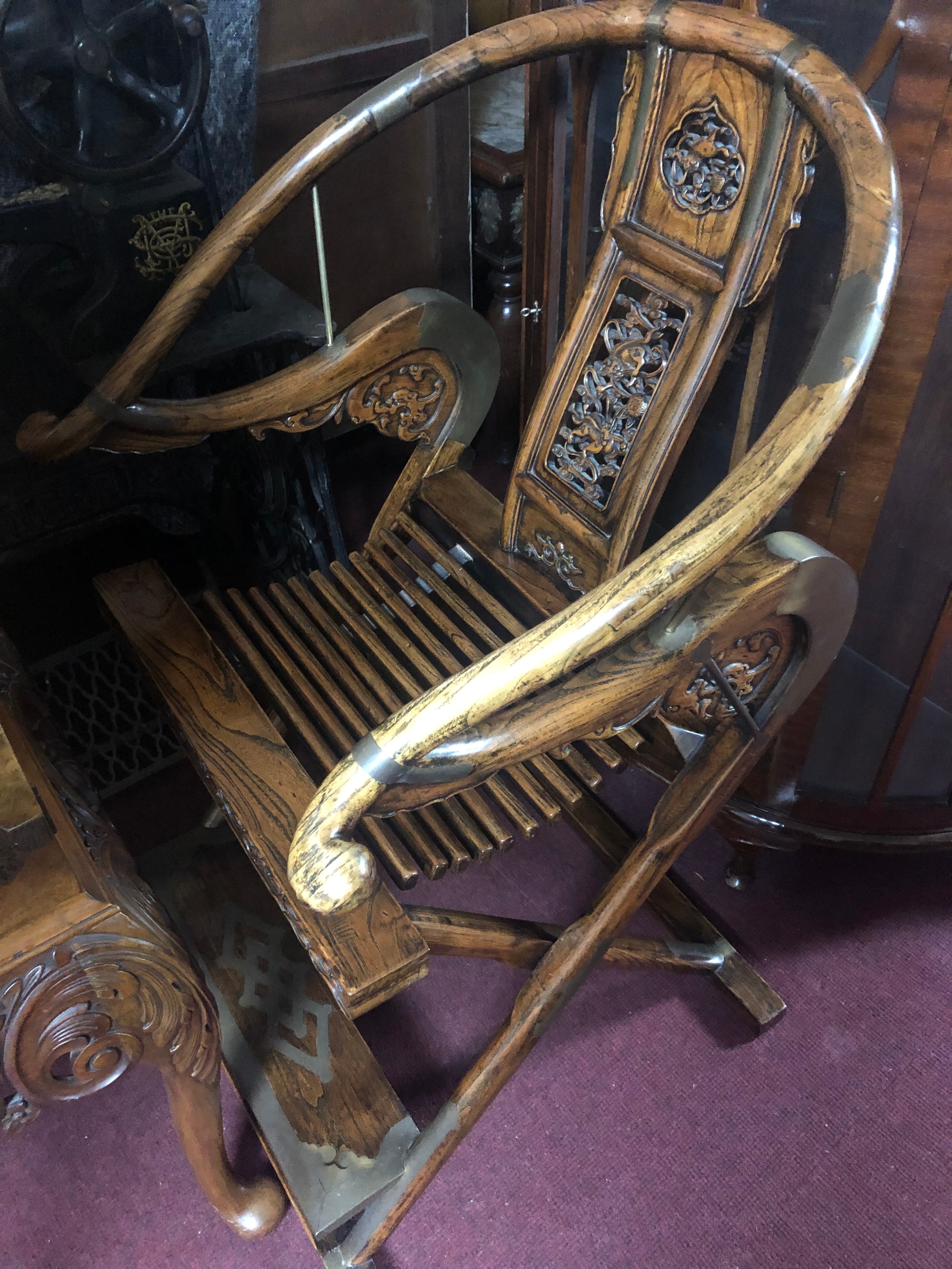 A Chinese huali folding scribes armchair with hooped back and intricately carved back splat and - Image 10 of 10