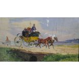 A gilt framed 19th century oil on board of a horse drawn carriage. Indistinctly signed with label