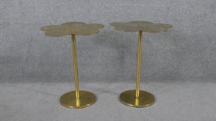 A pair of gilt metal shaped top pedestal occasional tables. H.53 Diam.42cm