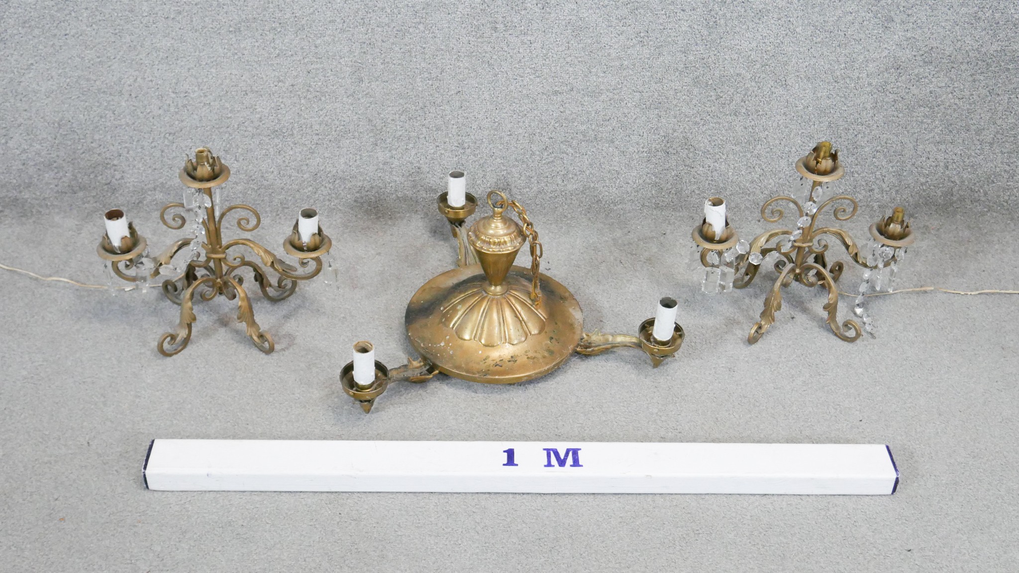 Three gilt metal chandeliers. A pair of scrolling design and crystal drop two branch chandeliers and - Image 2 of 4
