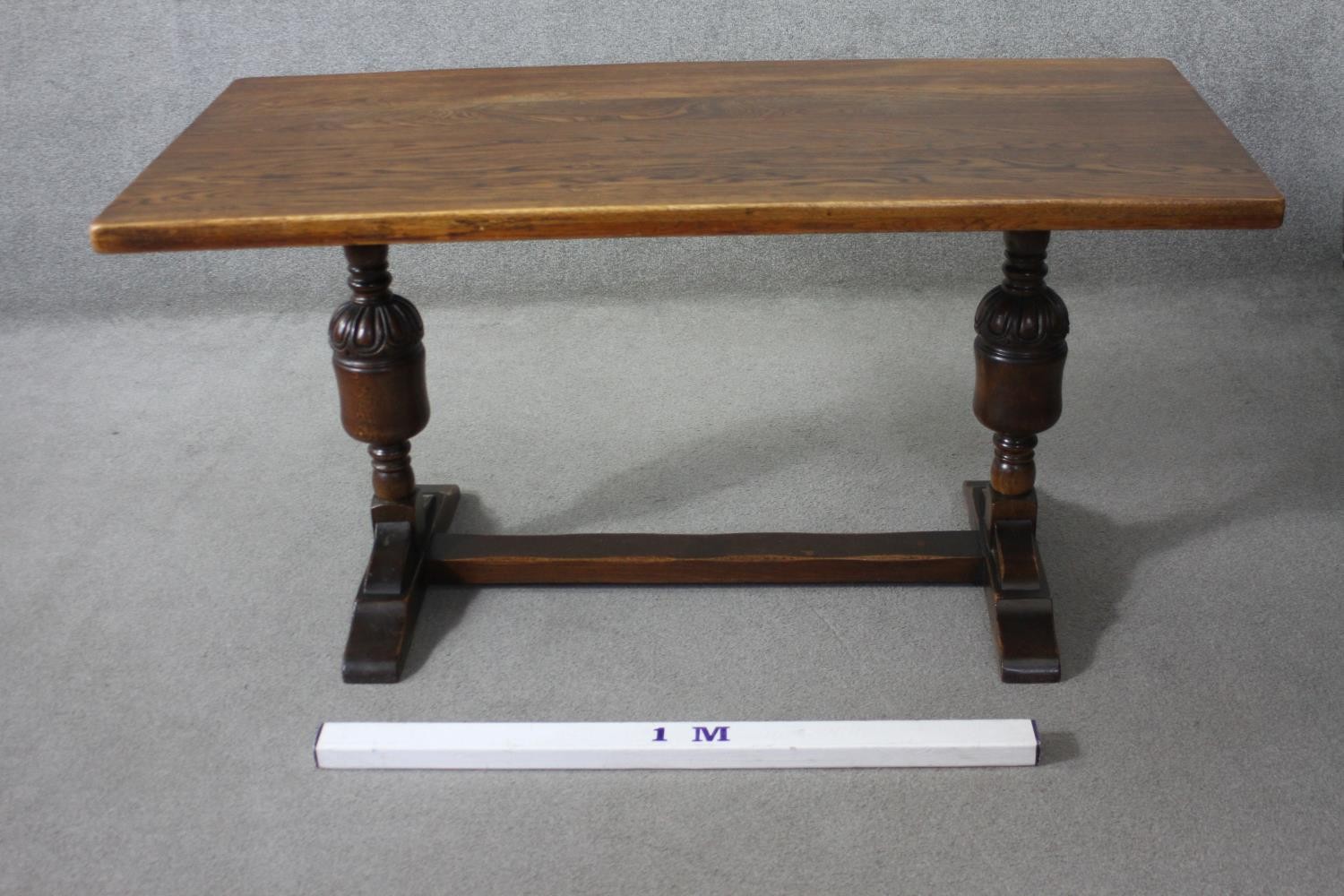 A mid century oak Jacobean style refectory dining table on carved baluster stretchered platform - Image 6 of 6