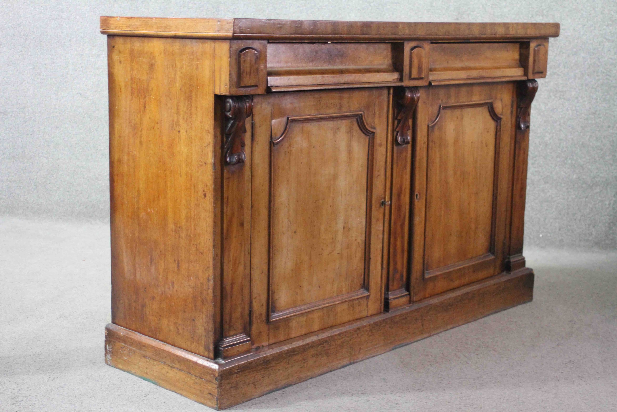 A mid 19th century mahogany sideboard fitted with a pair of drawers and doors on plinth base. H.90 - Image 5 of 6