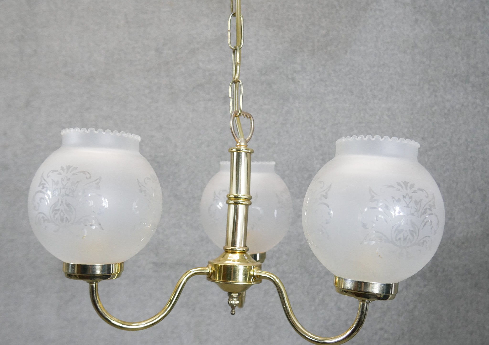 Two three branch chandeliers. One with frosted conical shades and bi-colour metal frame, the other - Image 4 of 6