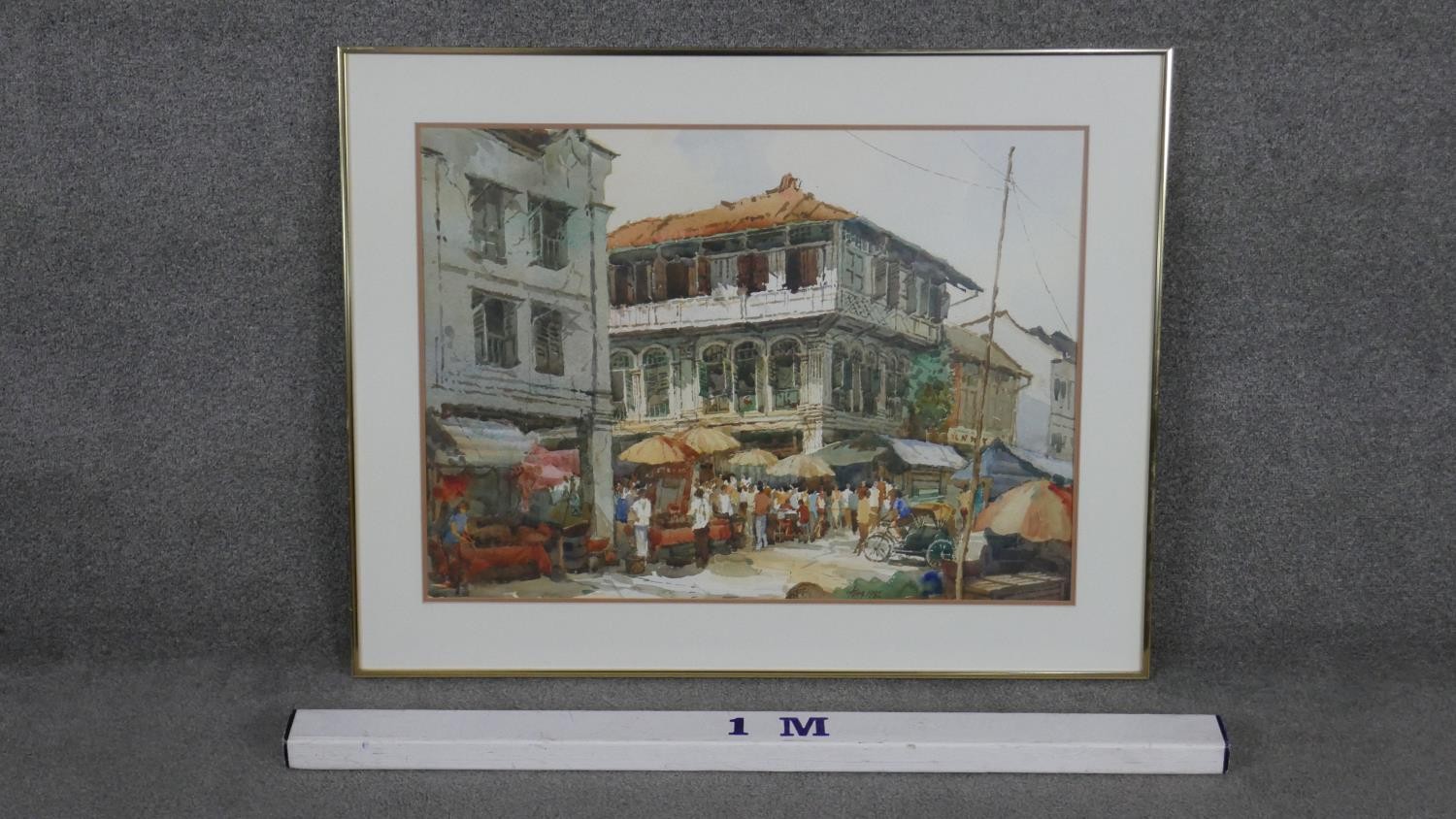 Tong Chin Sye (1939- ) A framed and glazed watercolour of an Singaporean market scene. Signed Tong - Image 4 of 4