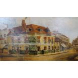 A 20th century oil on canvas of a public house and street scene. Indistinctly signed. H.41 W.62cm