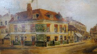 A 20th century oil on canvas of a public house and street scene. Indistinctly signed. H.41 W.62cm