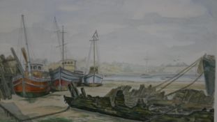 A framed and glazed watercolour of boats in a harbour. Unsigned. H.60 W.79cm