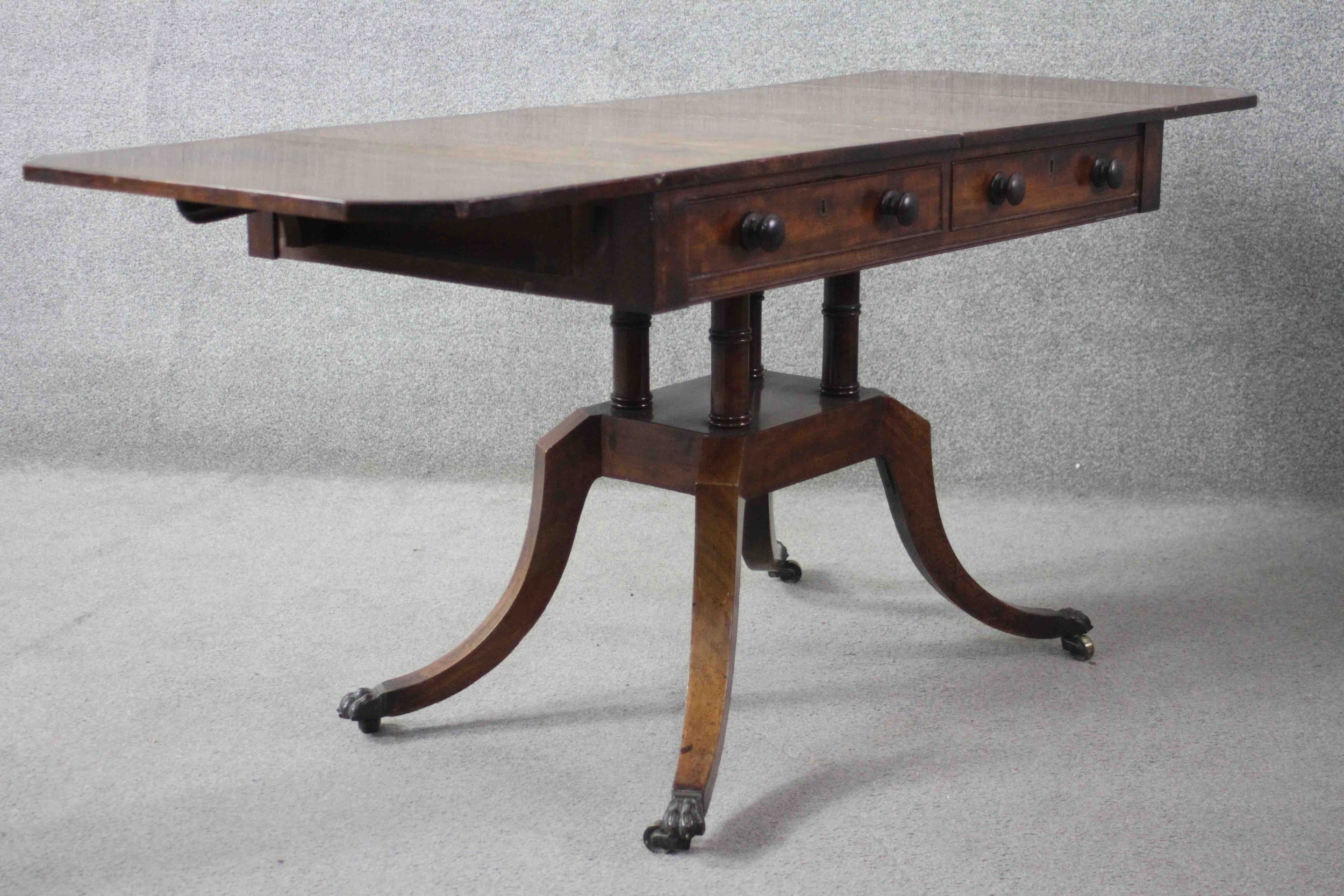 A Regency mahogany drop flap sofa table fitted with a pair of frieze drawers opposing dummy - Image 8 of 12