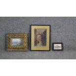 Three framed and glazed prints. One etching of a Venetian canal scene, a gilt framed print of