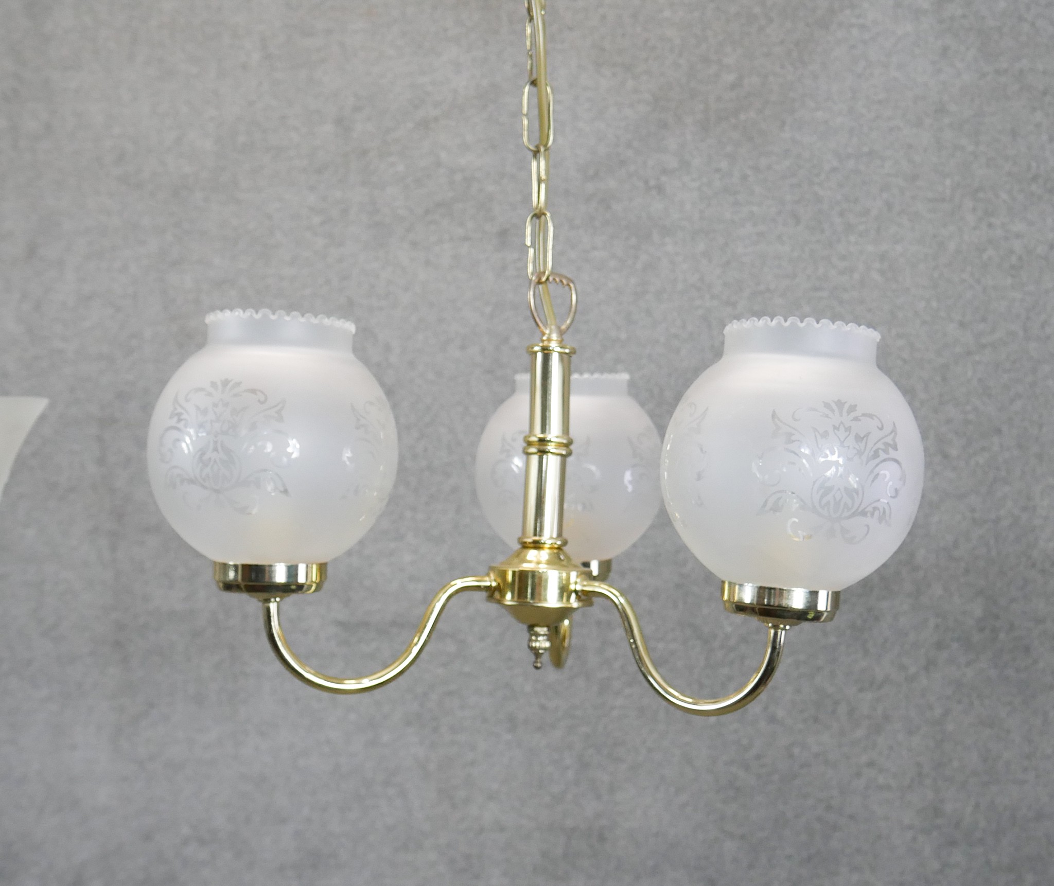 Two three branch chandeliers. One with frosted conical shades and bi-colour metal frame, the other - Image 5 of 6