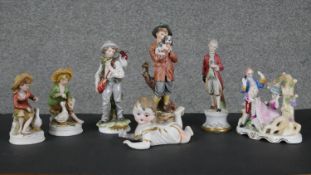 A collection of seven porcelain figures. Including two Alfro London hand painted figures. Makers