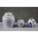 Three blue and white ceramic ginger jars. One Burleigh ironstone with Oriental design along with two