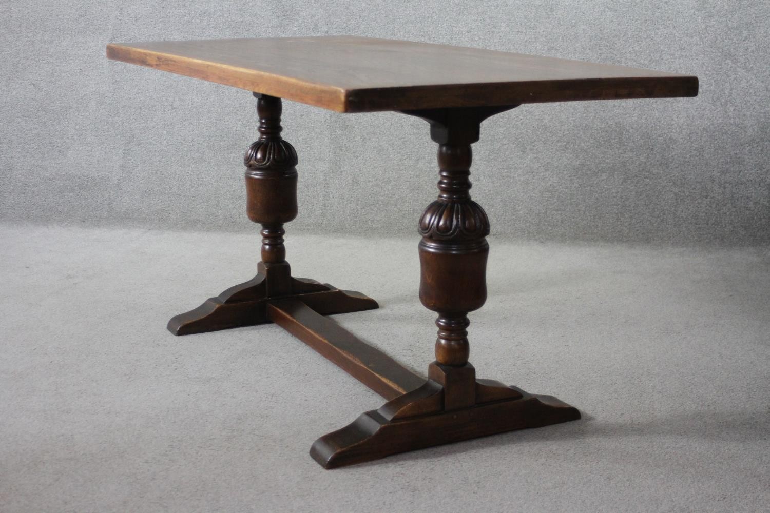 A mid century oak Jacobean style refectory dining table on carved baluster stretchered platform - Image 4 of 6