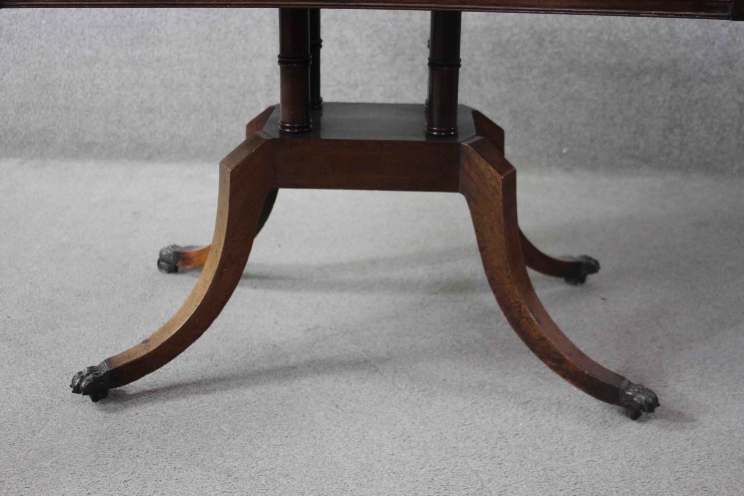 A Regency mahogany drop flap sofa table fitted with a pair of frieze drawers opposing dummy - Image 6 of 12