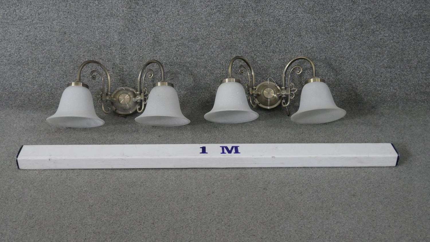 A pair of brushed brass and glass two branch wall lights. Each with two bell shaped frosted milk - Image 4 of 4
