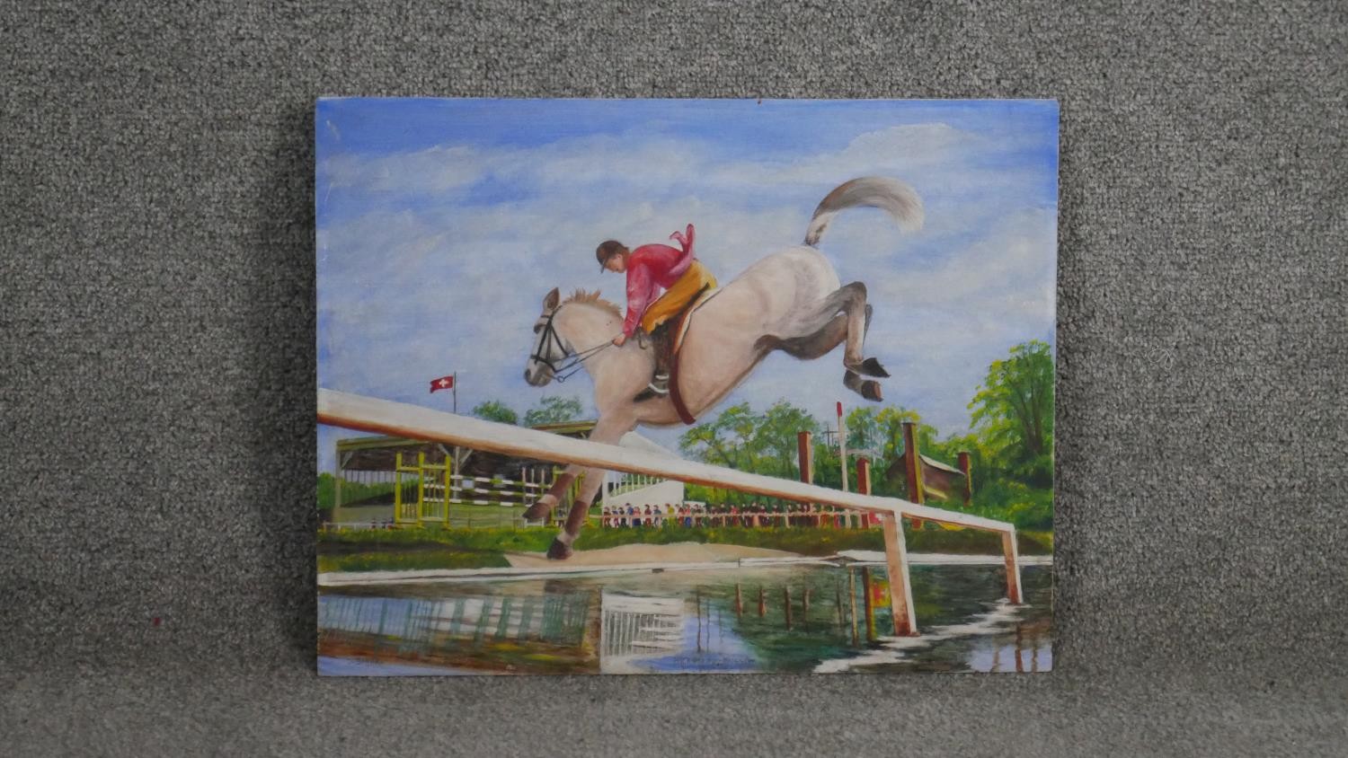 An oil on board of show jumper, inscribed Hickstead, Sussex. Signed J. Siroky. H.36 W.45cm - Image 2 of 5