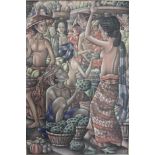 A carved framed 20th century Indonesian/Balinese school Ubud gouache on canvas depicting a fruit