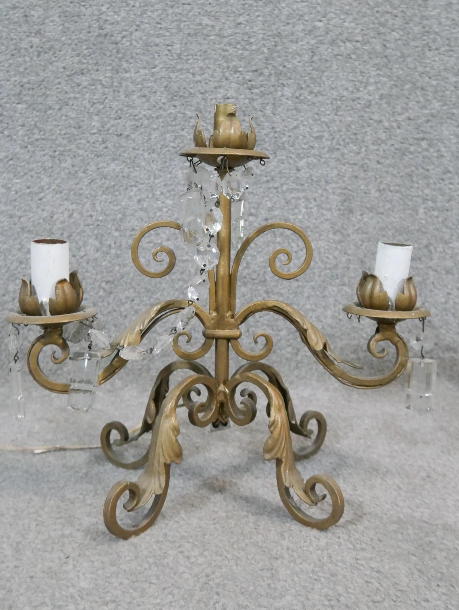 Three gilt metal chandeliers. A pair of scrolling design and crystal drop two branch chandeliers and - Image 3 of 4