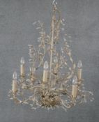 A large vintage toleware foliate design and crystal flower six branch chandelier. H.85 W.70cm