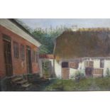 A gilt framed oil on canvas of a thatched cottage and house. Unsigned, label verso.