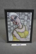 A framed and glazed oil pastel on paper titled 'Woman', monogrammed Haj, label verso. H.70 W.50 cm