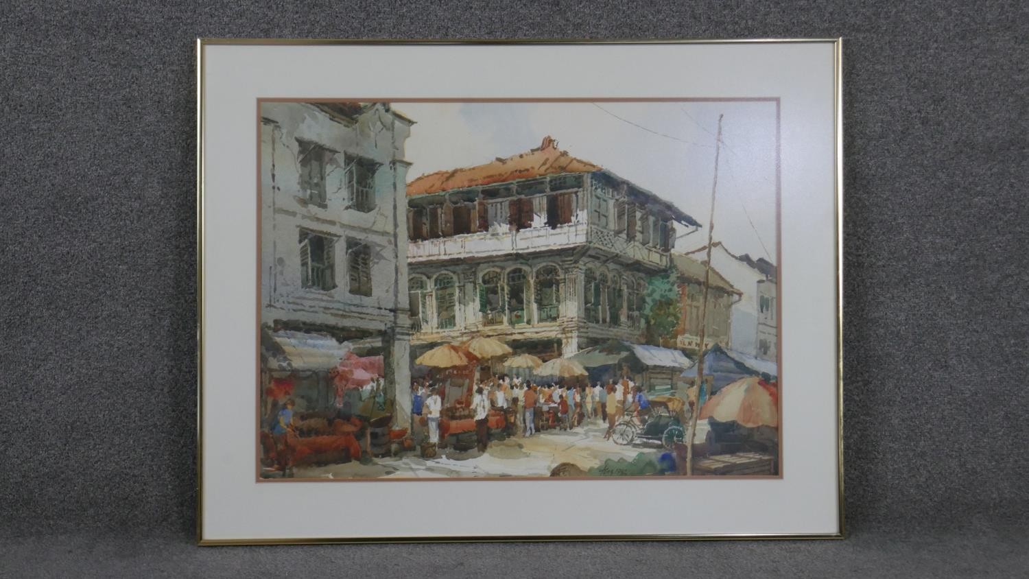 Tong Chin Sye (1939- ) A framed and glazed watercolour of an Singaporean market scene. Signed Tong - Image 2 of 4