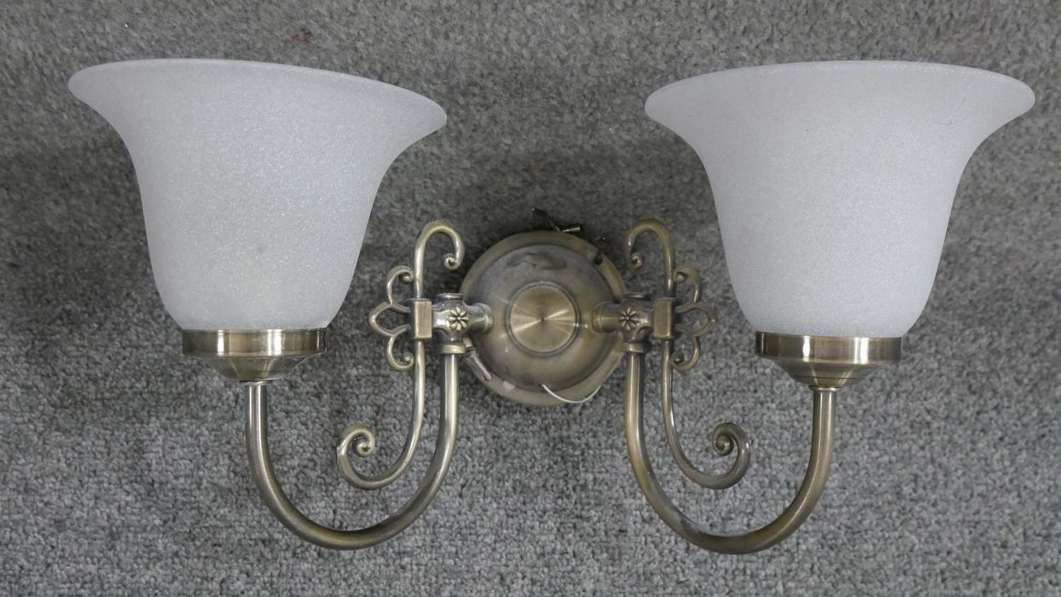 A pair of brushed brass and glass two branch wall lights. Each with two bell shaped frosted milk - Image 3 of 4