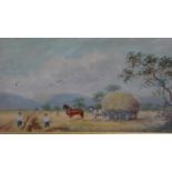 A 19th century framed oil on board of a harvest scene. Signed Williams, 1890. H.25 W.42cm