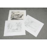 Basil Nubel (1923 - 19813) Three unframed pencil and charcoal sketches. One of boats and the other