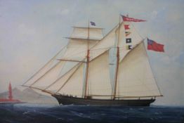 A framed oil on canvas of a schooner; inscribed Schooner Waterlily of London entering the Moli of
