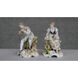A pair of German fine porcelain hand painted figures. One of a shepherdess with a young sheep
