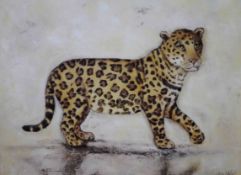 Alexandra Churchill- A gilt spotted design framed oil on canvas of a leopard. Signed A. Churchill.