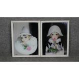 Two vintage framed mirrored panels of Pierrot by Mira Fujita. Artists seal mark. H.26 W.20cm