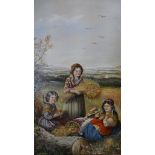 A carved gilt framed 19th century oil on canvas of three women, a child and a baby in a corn field