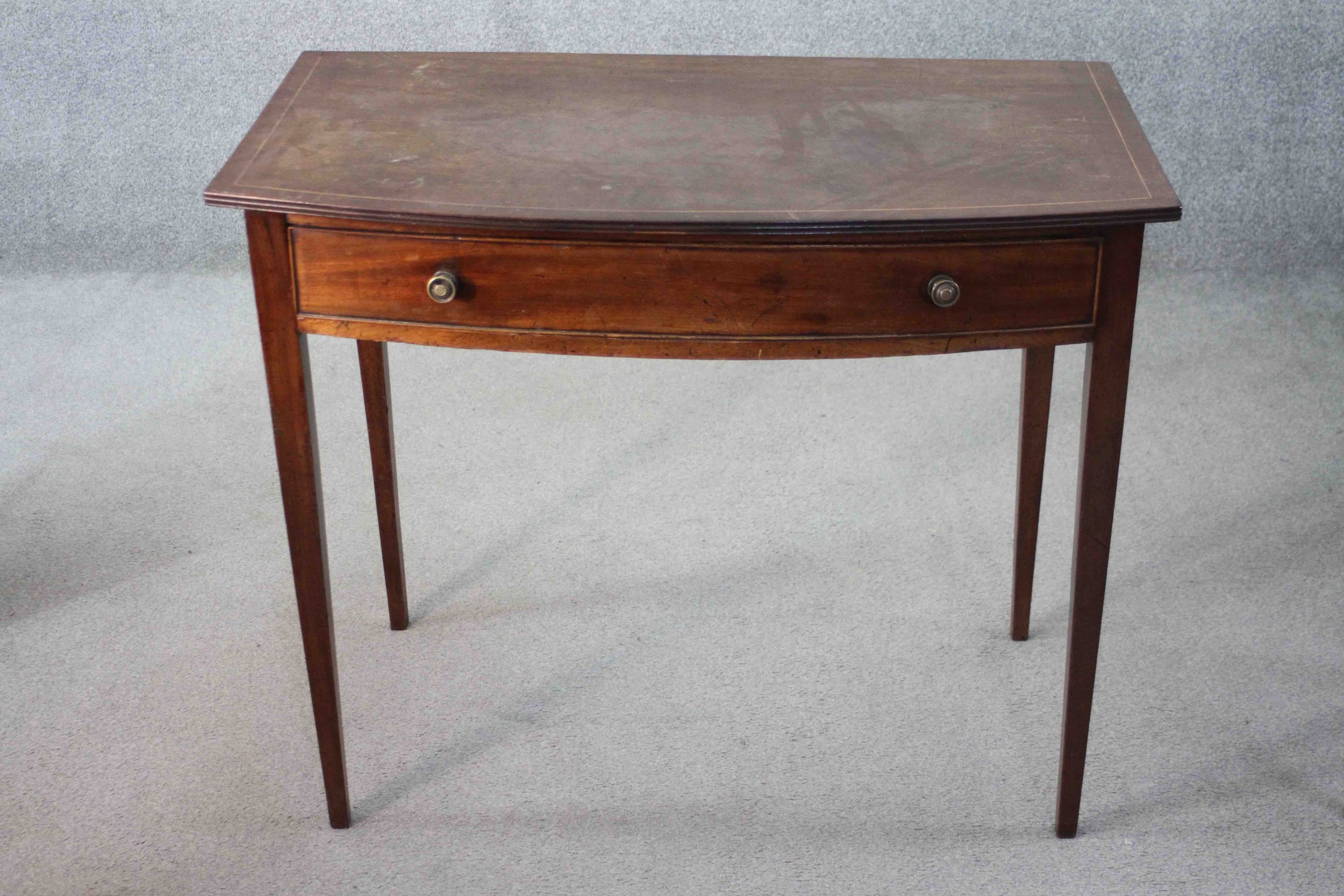 A 19th century mahogany and satinwood strung bow fronted side table on square tapering supports. H. - Image 2 of 7