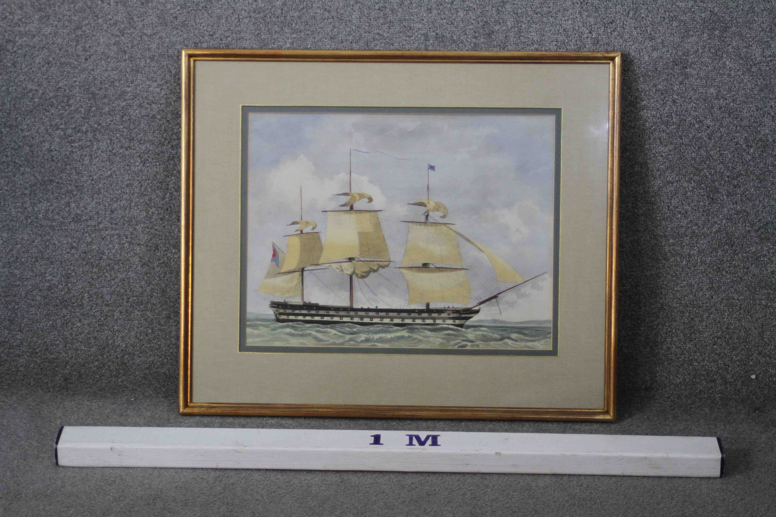 A framed and glazed 19th century hand coloured engraving of a British three mast schooner. Unsigned. - Image 4 of 4