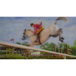 An oil on board of show jumper, inscribed Hickstead, Sussex. Signed J. Siroky. H.36 W.45cm