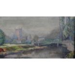 A 19th century carved gilt framed oil on canvas titled 'Footbridge, Hereford' by Wilfred Millard