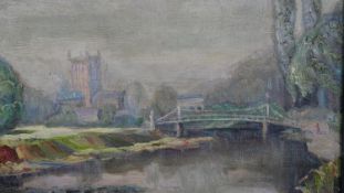 A 19th century carved gilt framed oil on canvas titled 'Footbridge, Hereford' by Wilfred Millard