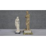 Two moulded marble effect female Classical figures. Both mounted on marble bases, one with a Greek