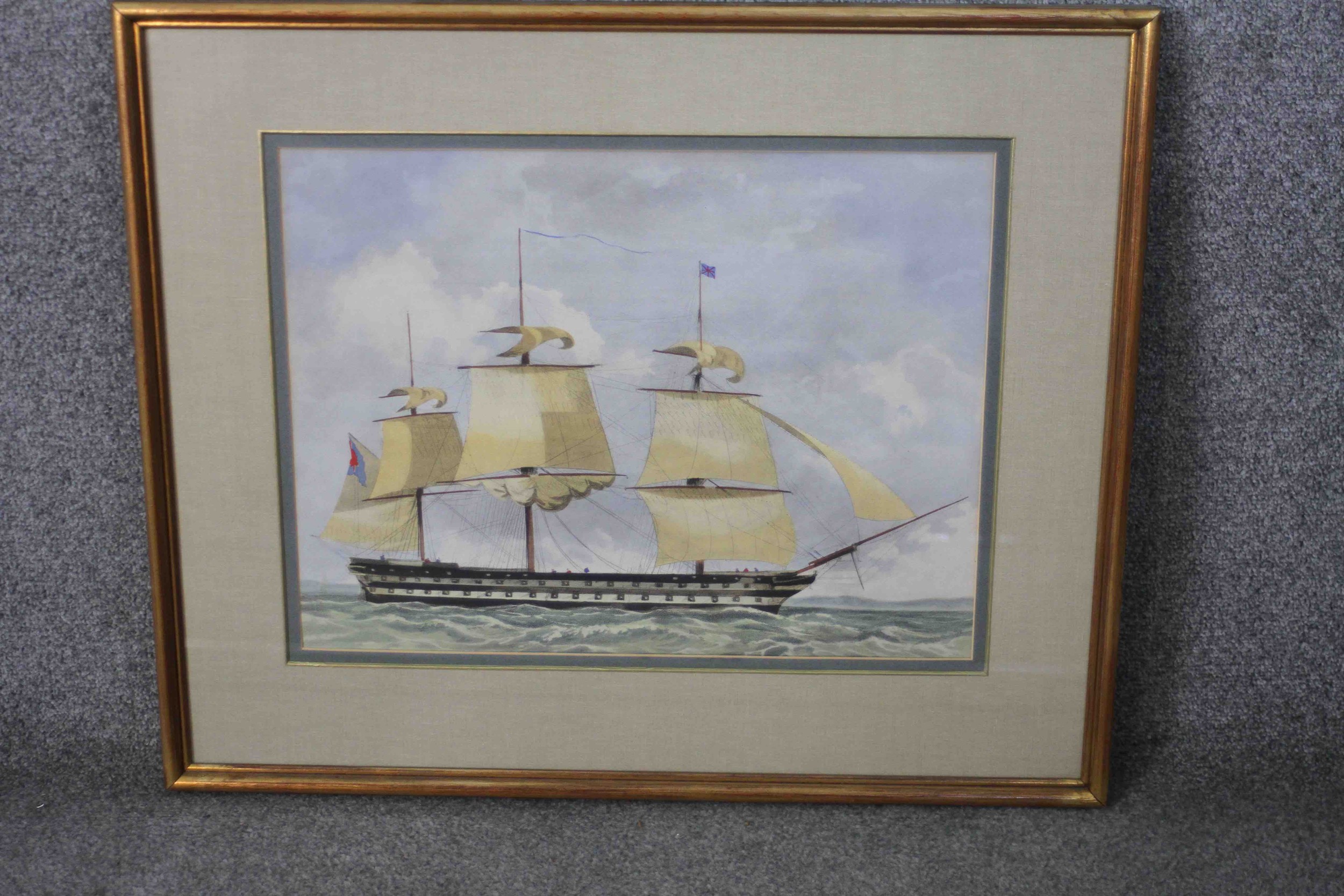 A framed and glazed 19th century hand coloured engraving of a British three mast schooner. Unsigned. - Image 2 of 4