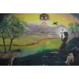 A framed oil on canvas of a surrealist landscape. Signed B. Joseph, 1987. H.56 W.56
