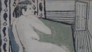 A framed and glazed acrylic on paper of a seated posing figure in a room. Indistinctly signed. H.