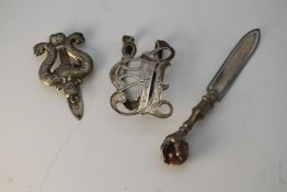 Three silver and silver plate stationery items. Including a silver B letter clip, British hallmarks,