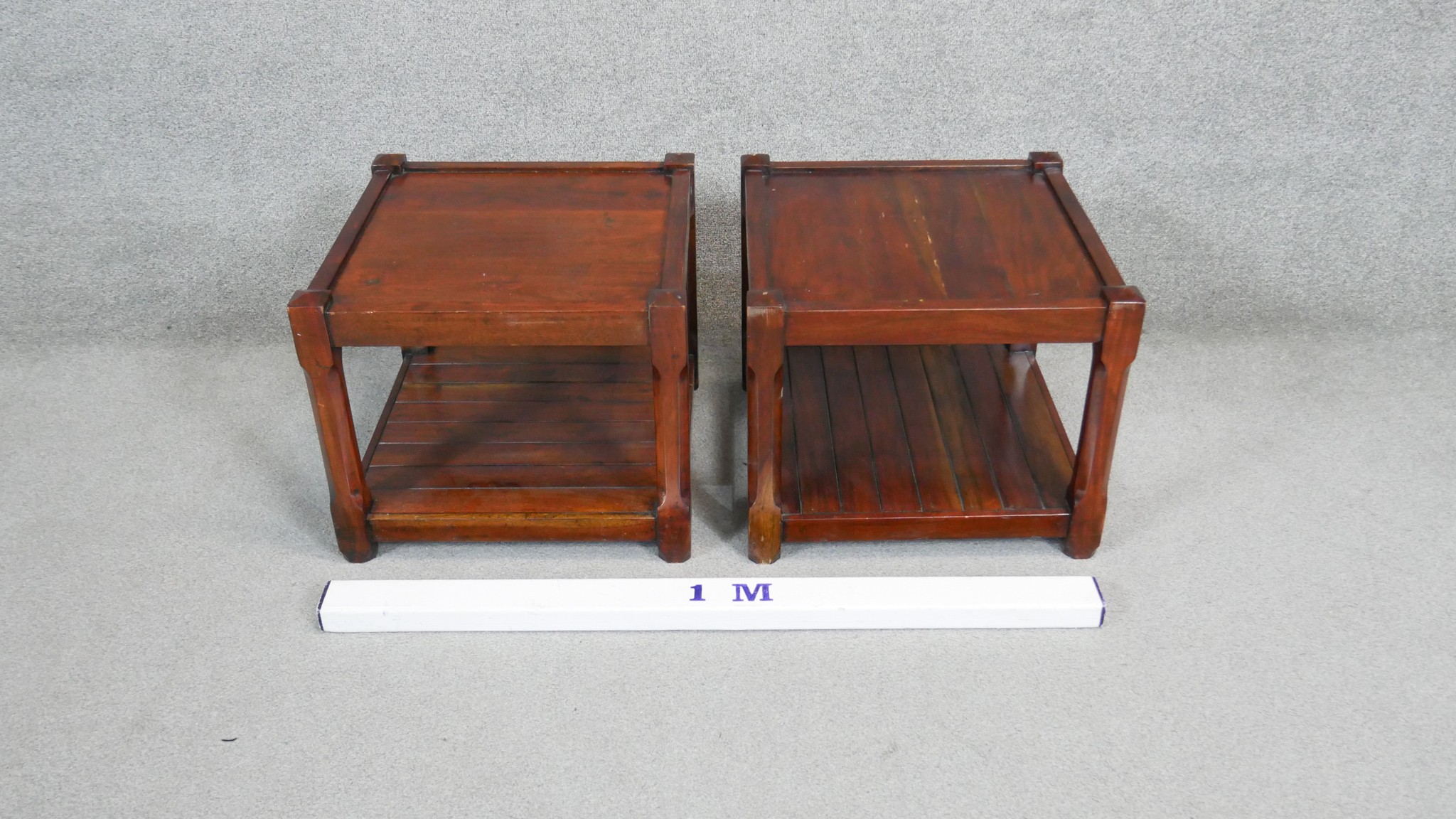 A pair of stained hard wood occasional tables on square chamfered supports united by undertier. H.40 - Image 2 of 4