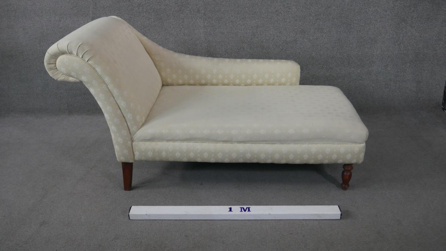 A Victorian style chaise in floral damask upholstery on turned baluster supports. H.80 W.142 D.66cm - Image 6 of 6